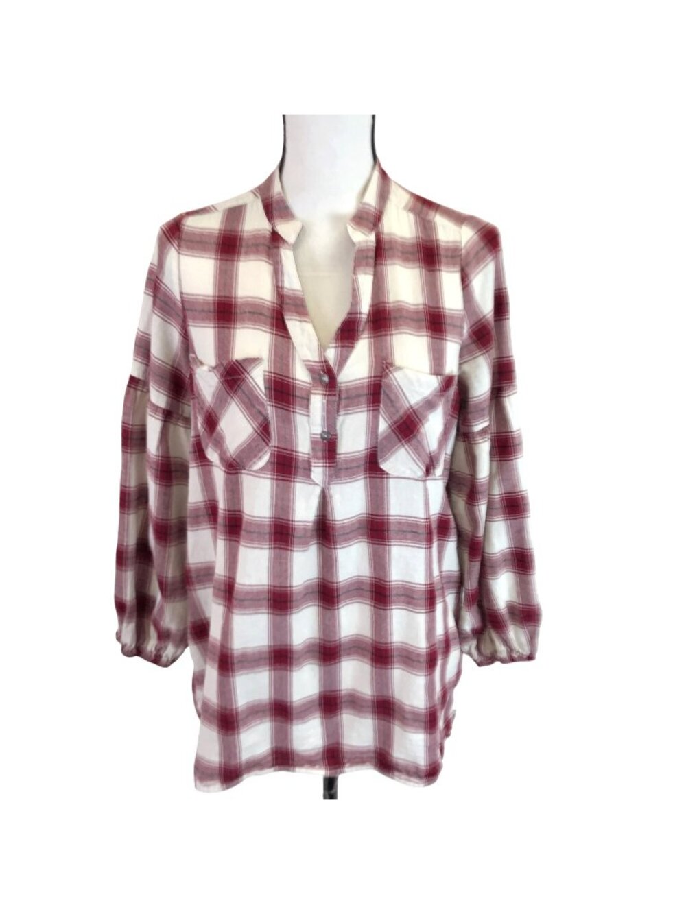 Weekend Suzanne Betro Womens Red & White Plaid Button-Front Cotton Blouse Size M